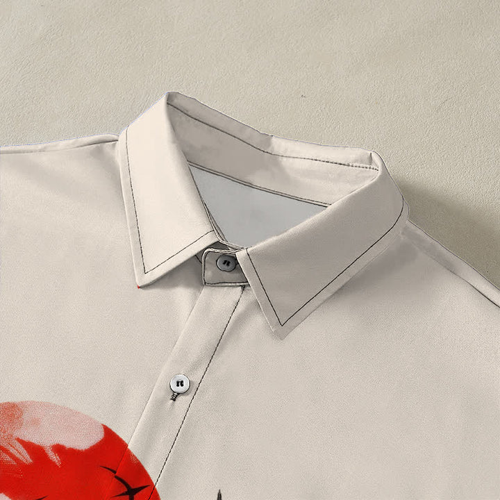 Buddha Stones Camisa transpirable de manga corta para hombre con botones y estampado de grullas voladoras y sol rojo - image 2