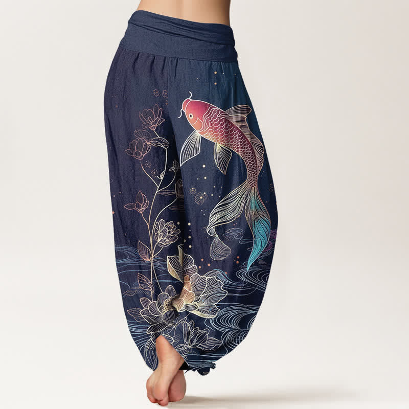 Buddha Stones Pantalones harén de algodón puro con cintura elástica para mujer con estampado de pez loto - image 1