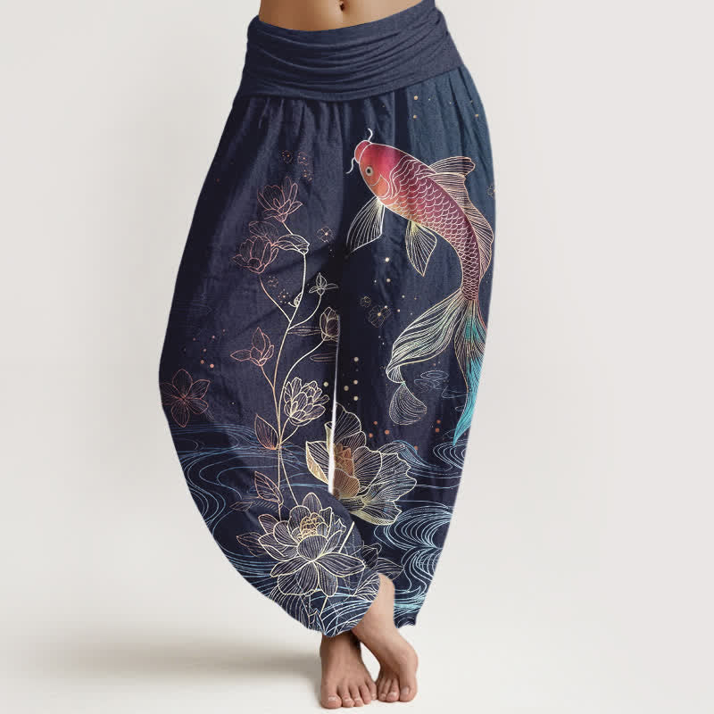 Buddha Stones Pantalones harén de algodón puro con cintura elástica para mujer con estampado de pez loto - Azul acero - US16，UK/AU20，EU48 (3XL) - image 0