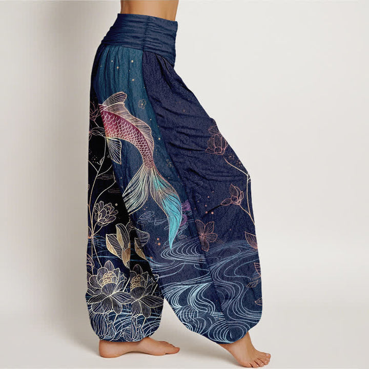 Buddha Stones Pantalones harén de algodón puro con cintura elástica para mujer con estampado de pez loto - image 2