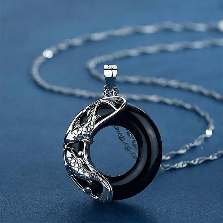 Buddha Stones Collar con colgante circular de hebilla de la suerte con forma de pez koi de obsidiana negra - Obsidiana negra (Purificación♥Fuerza) - image 0