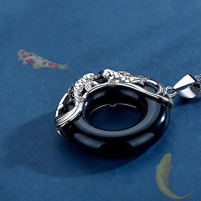 Buddha Stones Collar con colgante circular de hebilla de la suerte con forma de pez koi de obsidiana negra - image 3
