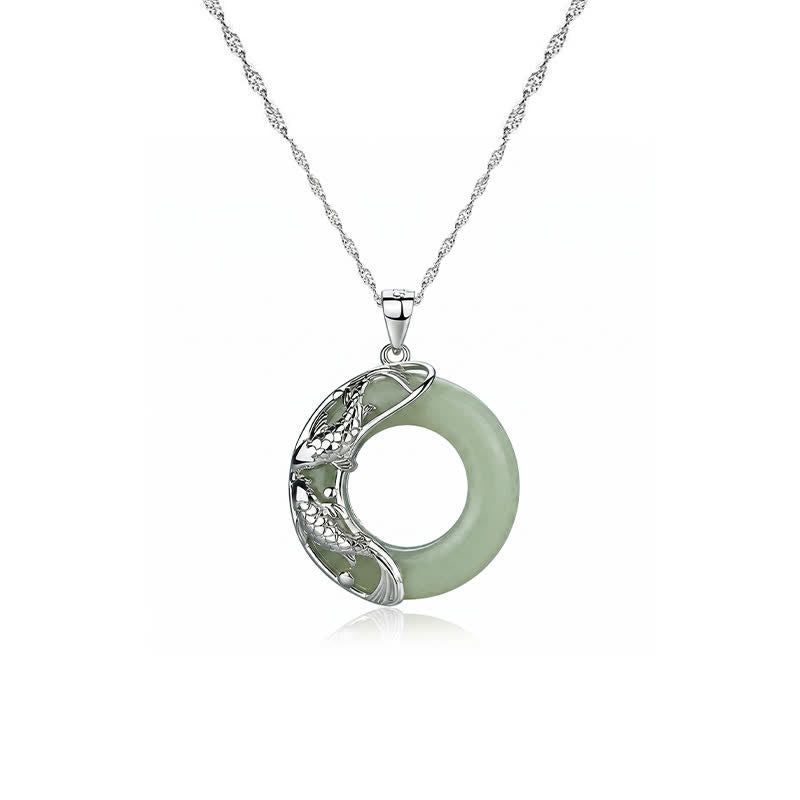 Buddha Stones Collar con colgante de hebilla circular de jade Hetian verde con forma de pez koi y símbolo de la suerte. - image 4