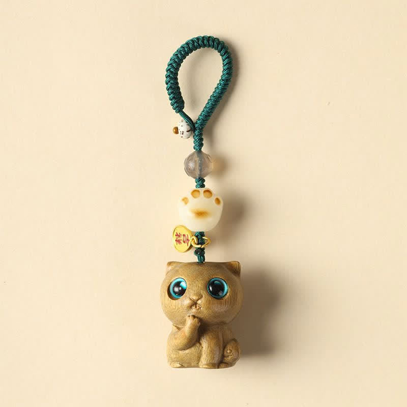 Buddha Stones Llaveros relajantes de sándalo verde con forma de gato, tejidos a mano. - Llavero - image 1