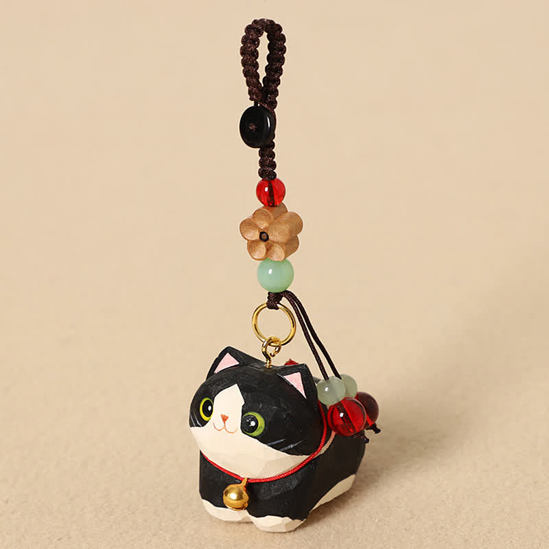 Buddha Stones Llaveros de madera natural tallados a mano con forma de gato tumbado, Om Mani Padme Hum Peace - Flor de ciruelo gato negro - image 3