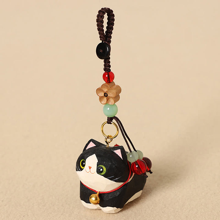 Buddha Stones Llaveros de madera natural tallados a mano con forma de gato tumbado, Om Mani Padme Hum Peace - Flor de ciruelo gato negro - image 3