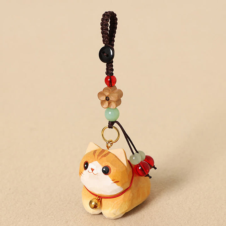 Buddha Stones Llaveros de madera natural tallados a mano con forma de gato tumbado, Om Mani Padme Hum Peace - Flor de ciruelo con gato naranja - image 0