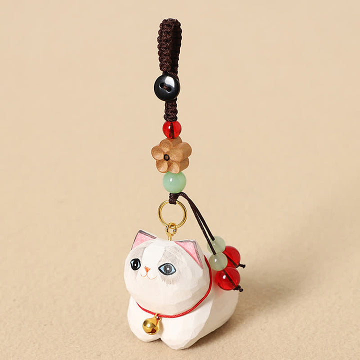 Buddha Stones Llaveros de madera natural tallados a mano con forma de gato tumbado, Om Mani Padme Hum Peace - Flor de ciruelo de gato blanco - image 8