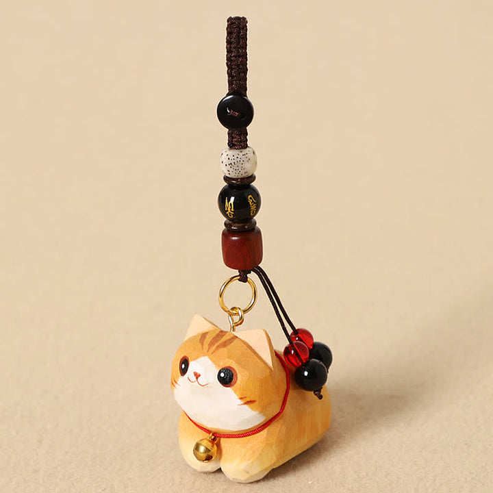 Buddha Stones Llaveros de madera natural tallados a mano con forma de gato tumbado, Om Mani Padme Hum Peace - Gato naranja Om Mani Padme Hum - image 2