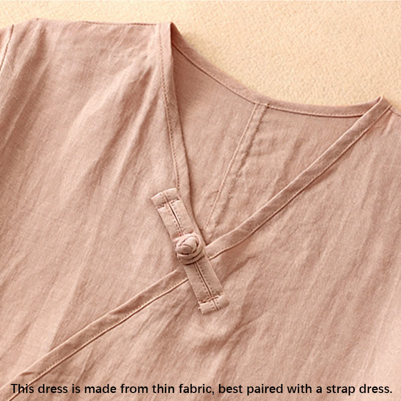 Vestido midi de manga corta con cuello en V y botones de rana para mujer , Buddha Stones. - image 2