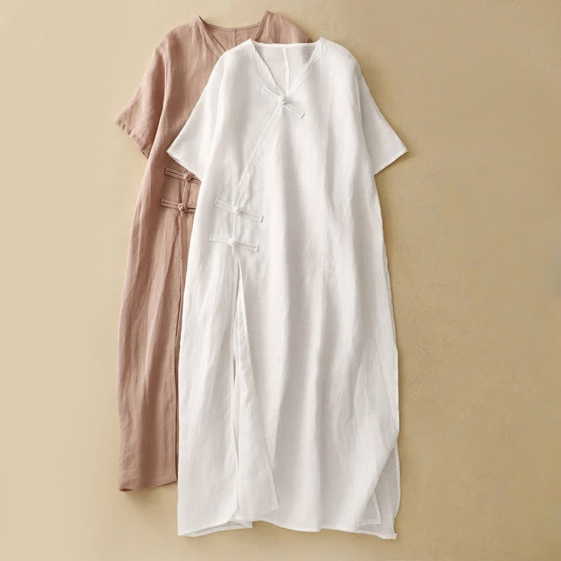 Vestido midi de manga corta con cuello en V y botones de rana para mujer , Buddha Stones. - image 16