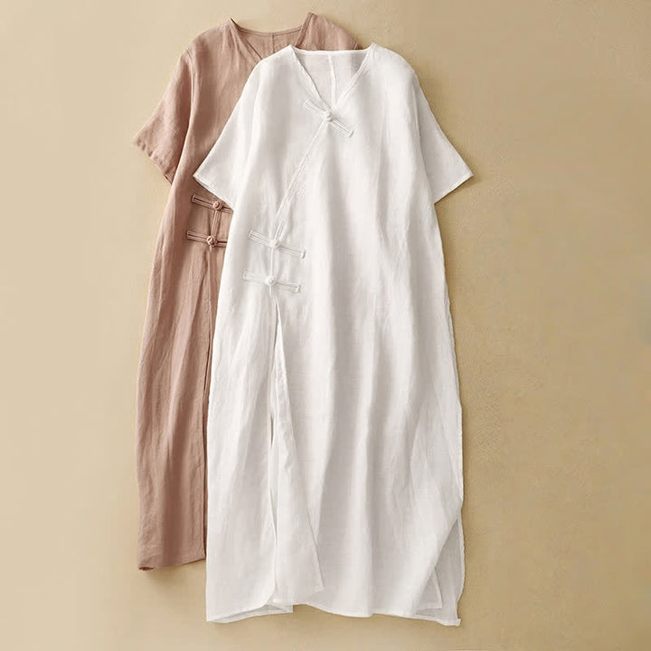 Vestido midi de manga corta con cuello en V y botones de rana para mujer , Buddha Stones. - image 16