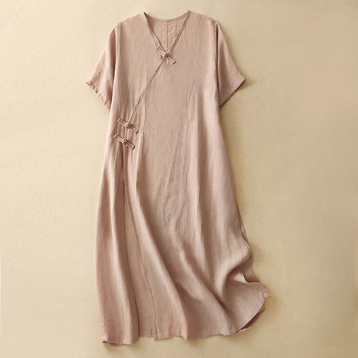 Vestido midi de verano para mujer de algodón y lino con cuello en V y botones de rana, manga corta y estampado de Buddha Stones - Rosa Misty - US8-10，UK/AU12-14，EU40-42 (2XL) - image 0