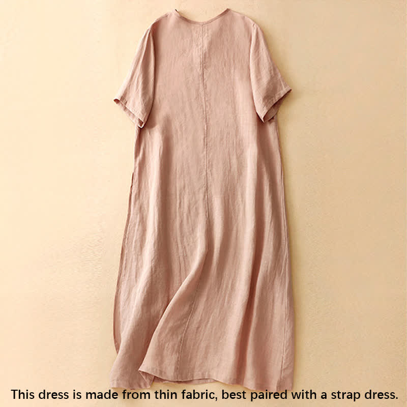 Vestido midi de manga corta con cuello en V y botones de rana para mujer , Buddha Stones. - image 1