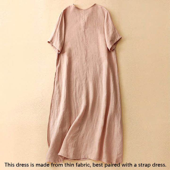 Vestido midi de manga corta con cuello en V y botones de rana para mujer , Buddha Stones. - image 1