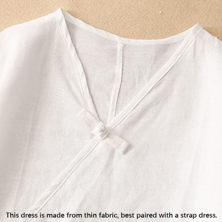 Vestido midi de manga corta con cuello en V y botones de rana para mujer , Buddha Stones. - image 10