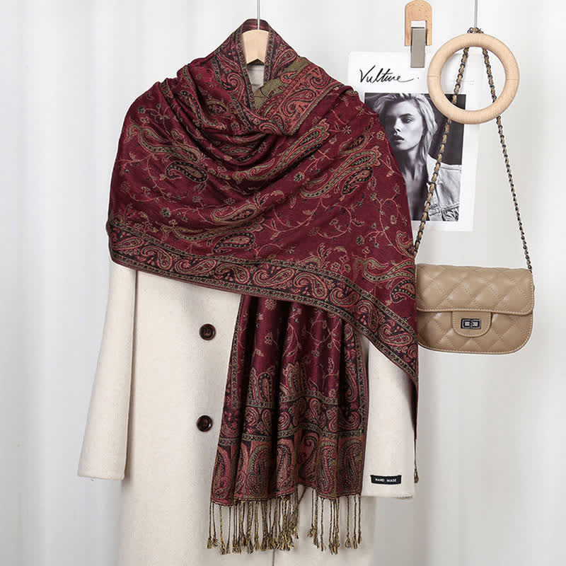 Chal con borlas y estampado de flores de anacardo tibetano con Buddha Stones para otoño e invierno, bufanda suave - Rojo oscuro - image 2