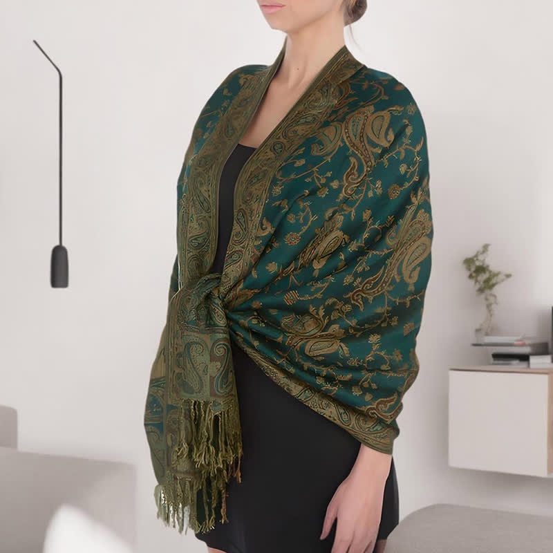Chal con borlas y estampado de flores de anacardo tibetano con Buddha Stones para otoño e invierno, bufanda suave - Verde oscuro - image 0