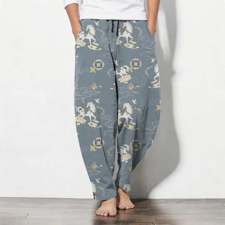 Buddha Stones Pantalones de hombre de algodón puro con estampado de flores blancas y cuello alto, cordón ajustable y corte cónico, con bolsillos. - Azul acero claro - US/UK/AU50, EU60 (5XL) - image 0