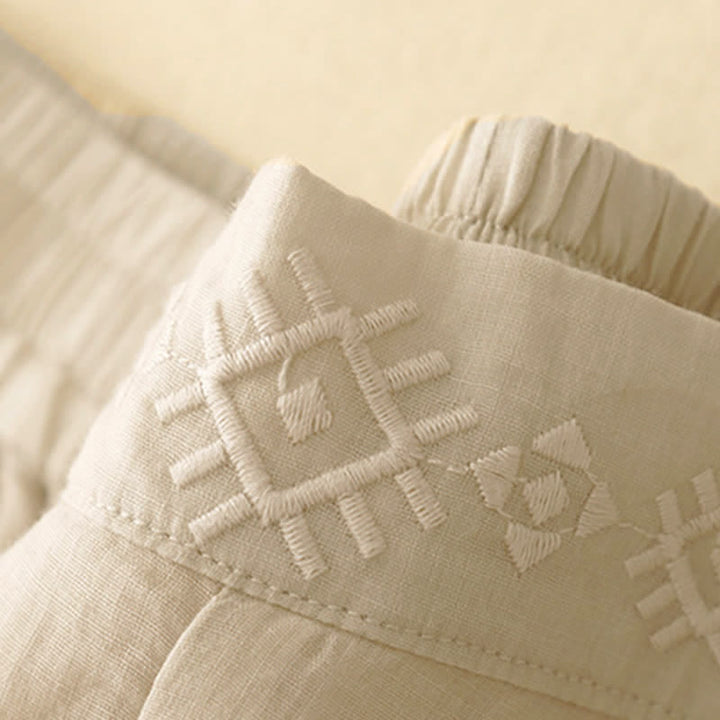 Pantalones anchos de lino y algodón para mujer con cintura elástica y bordado geométrico de Buddha Stones y bolsillos. - image 15