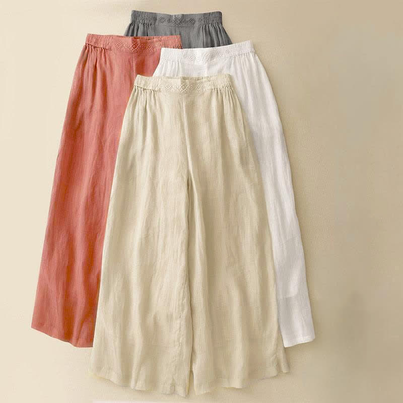 Pantalones anchos de lino y algodón para mujer con cintura elástica y bordado geométrico de Buddha Stones y bolsillos. - image 25