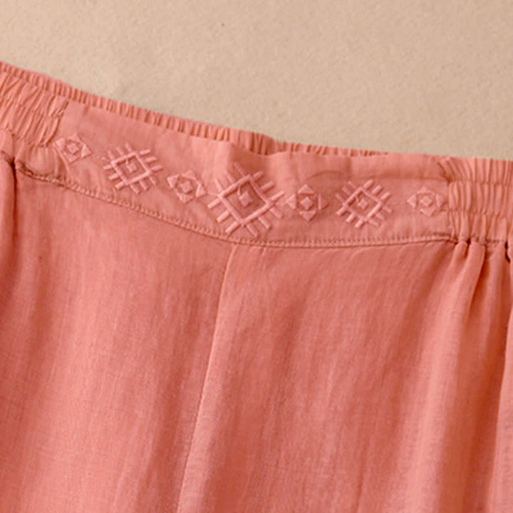 Pantalones anchos de lino y algodón para mujer con cintura elástica y bordado geométrico de Buddha Stones y bolsillos. - image 2