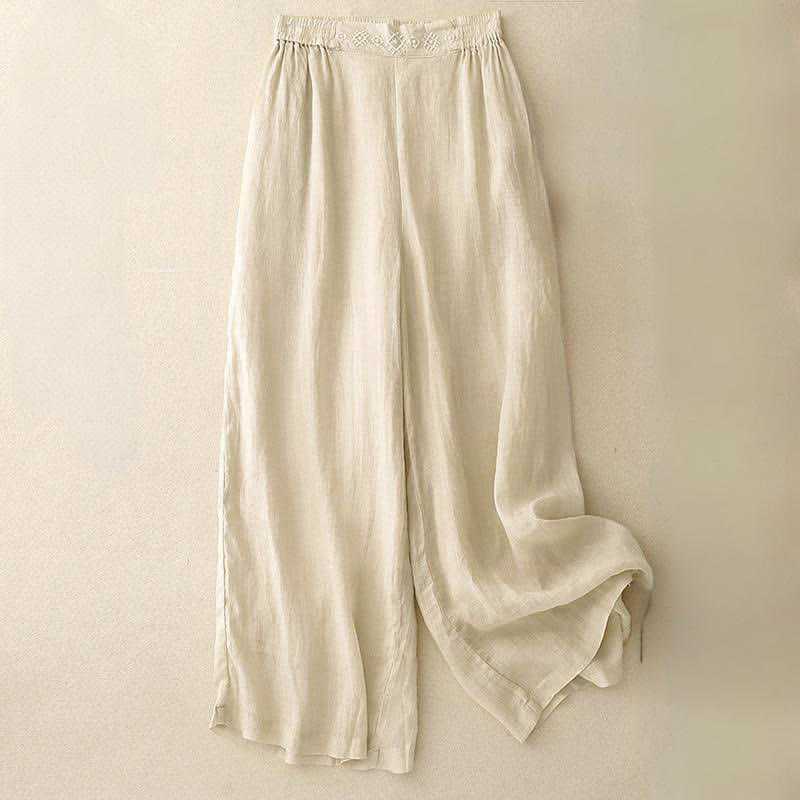 Pantalones anchos de lino y algodón para mujer con cintura elástica y bordado geométrico de Buddha Stones y bolsillos. - Beige - US12, UK/AU16, EU44 (2XL) - image 11