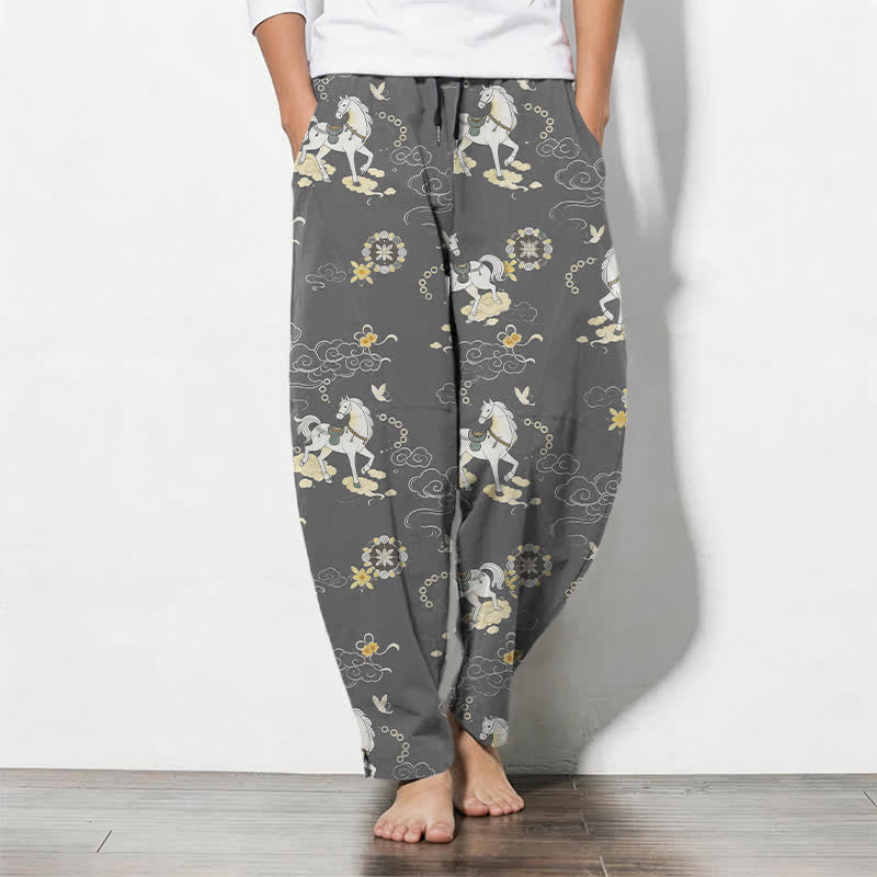 Buddha Stones Pantalones de hombre de algodón puro con estampado de flores blancas y cuello alto, cordón ajustable y corte cónico, con bolsillos. - Gris oscuro - US/UK/AU50, EU60 (5XL) - image 7