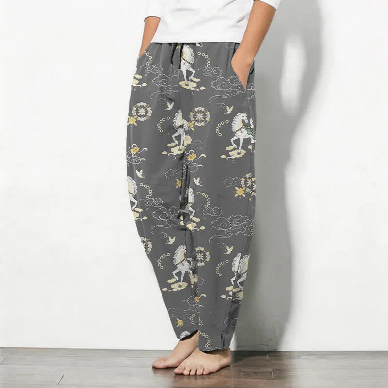 Buddha Stones Pantalones de hombre de algodón puro con estampado de flores blancas y cuello alto, cordón ajustable y corte cónico, con bolsillos. - image 8