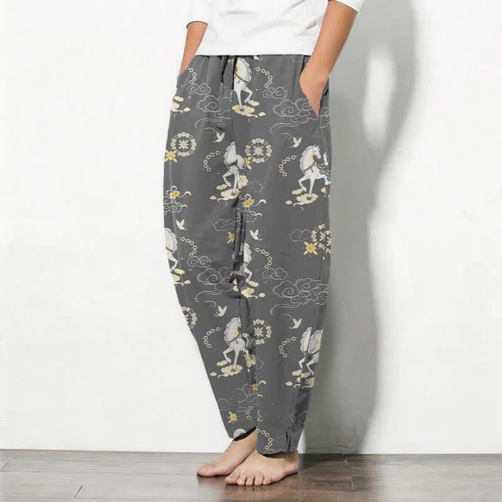 Buddha Stones Pantalones de hombre de algodón puro con estampado de flores blancas y cuello alto, cordón ajustable y corte cónico, con bolsillos. - image 8