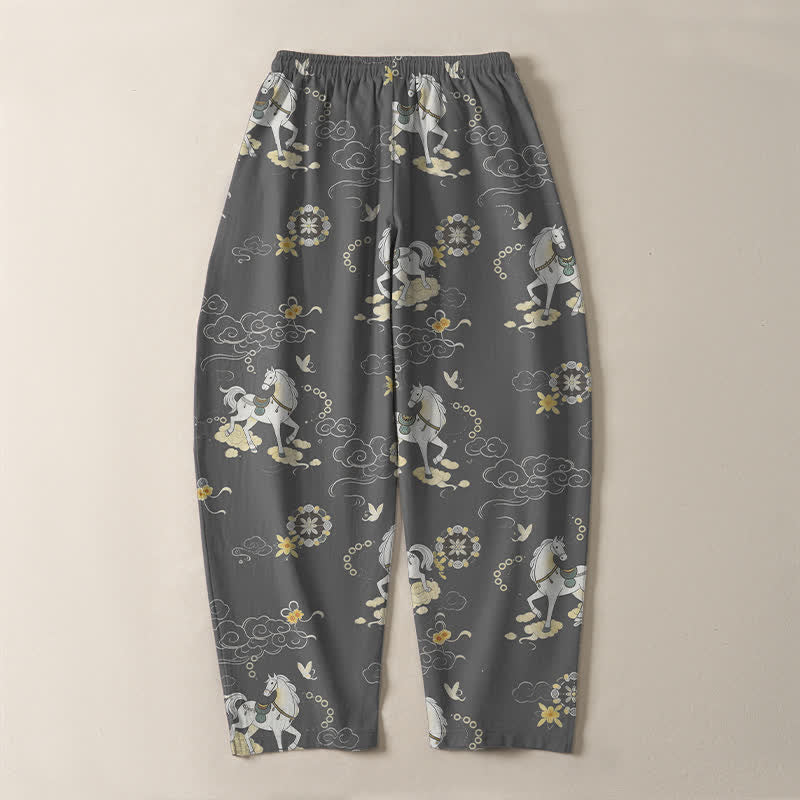Buddha Stones Pantalones de hombre de algodón puro con estampado de flores blancas y cuello alto, cordón ajustable y corte cónico, con bolsillos. - image 10