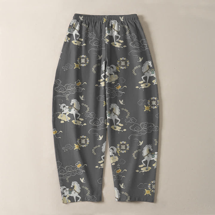 Buddha Stones Pantalones de hombre de algodón puro con estampado de flores blancas y cuello alto, cordón ajustable y corte cónico, con bolsillos. - image 10