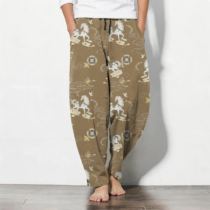 Buddha Stones Pantalones de hombre de algodón puro con estampado de flores blancas y cuello alto, cordón ajustable y corte cónico, con bolsillos. - Broncearse - US/UK/AU50, EU60 (5XL) - image 11