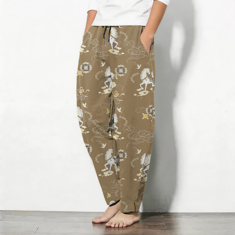 Buddha Stones Pantalones de hombre de algodón puro con estampado de flores blancas y cuello alto, cordón ajustable y corte cónico, con bolsillos. - image 12