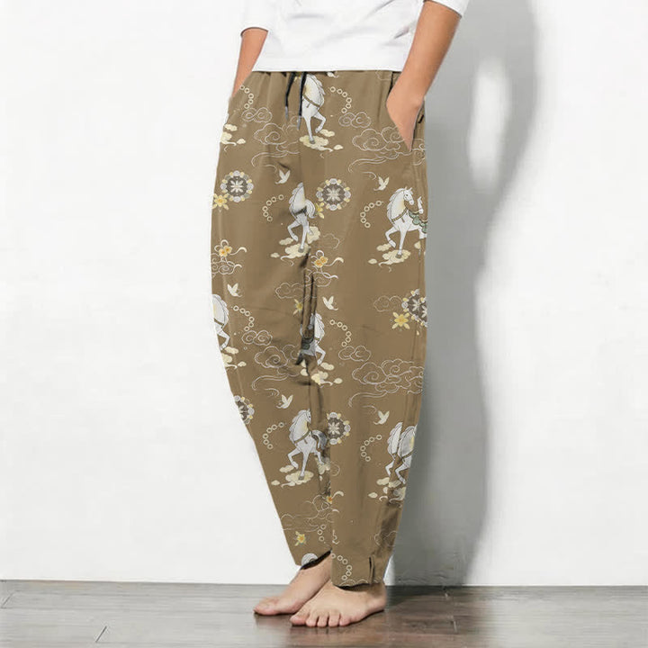 Buddha Stones Pantalones de hombre de algodón puro con estampado de flores blancas y cuello alto, cordón ajustable y corte cónico, con bolsillos. - image 12