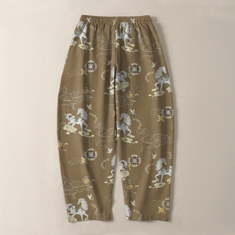 Buddha Stones Pantalones de hombre de algodón puro con estampado de flores blancas y cuello alto, cordón ajustable y corte cónico, con bolsillos. - image 14