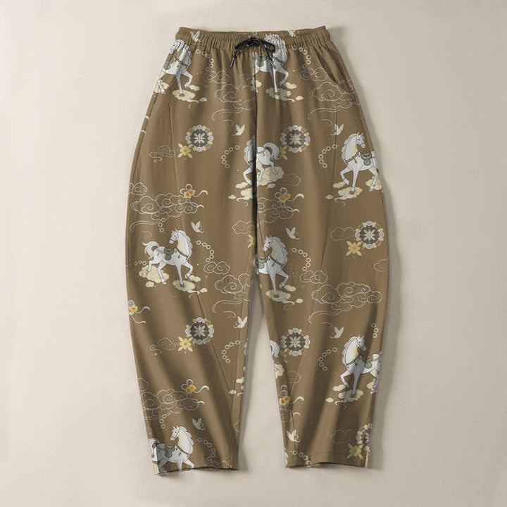 Buddha Stones Pantalones de hombre de algodón puro con estampado de flores blancas y cuello alto, cordón ajustable y corte cónico, con bolsillos. - image 13