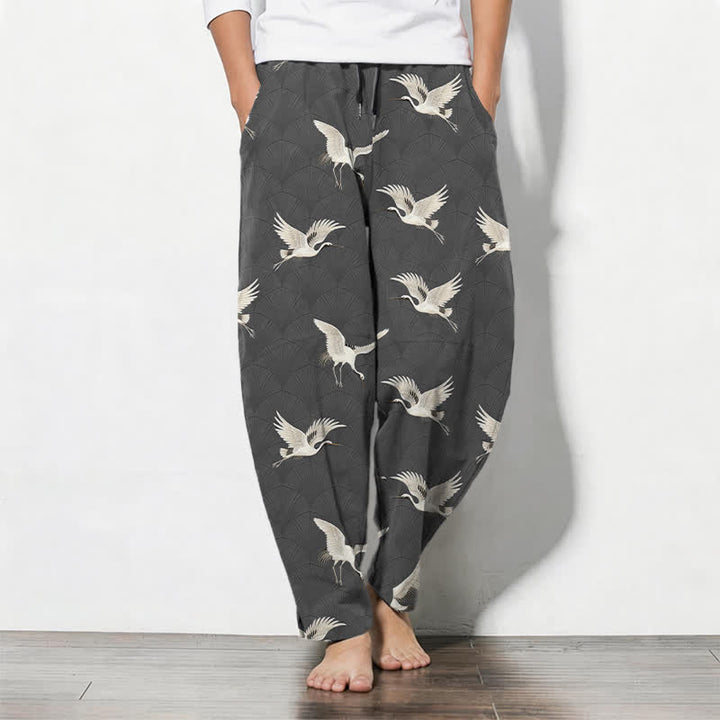 Buddha Stones Pantalones de hombre de algodón puro con estampado de grullas blancas, cordón ajustable y corte cónico con bolsillos. - Gris oscuro - US/UK/AU50, EU60 (5XL) - image 7