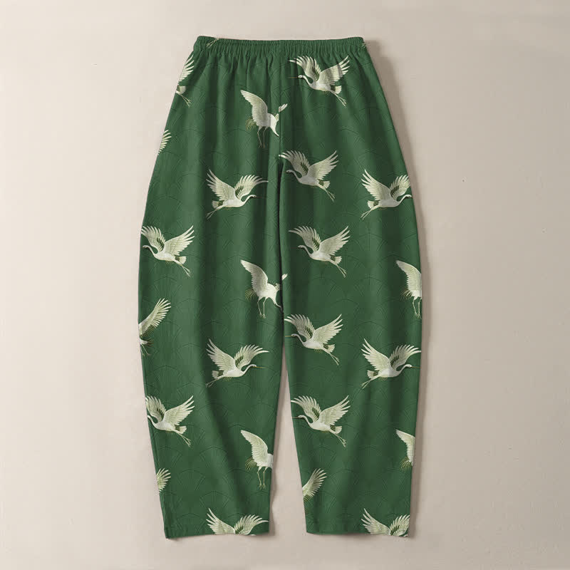 Buddha Stones Pantalones de hombre de algodón puro con estampado de grullas blancas, cordón ajustable y corte cónico con bolsillos. - image 14