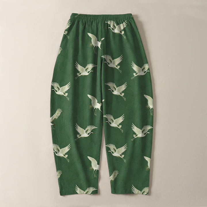 Buddha Stones Pantalones de hombre de algodón puro con estampado de grullas blancas, cordón ajustable y corte cónico con bolsillos. - image 14