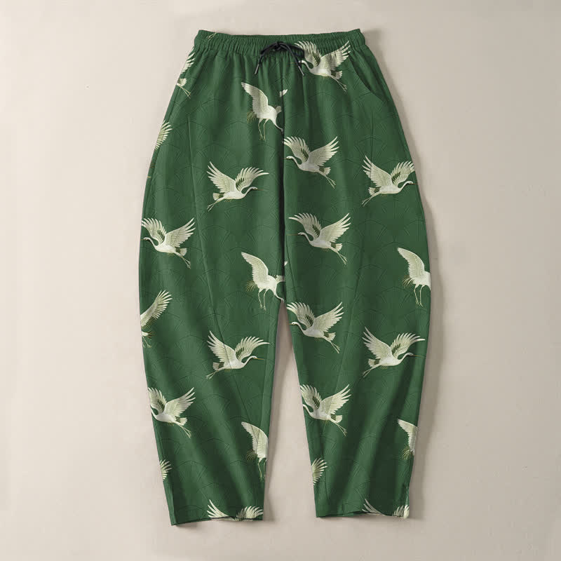 Buddha Stones Pantalones de hombre de algodón puro con estampado de grullas blancas, cordón ajustable y corte cónico con bolsillos. - image 13