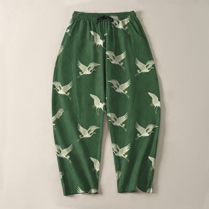 Buddha Stones Pantalones de hombre de algodón puro con estampado de grullas blancas, cordón ajustable y corte cónico con bolsillos. - image 13