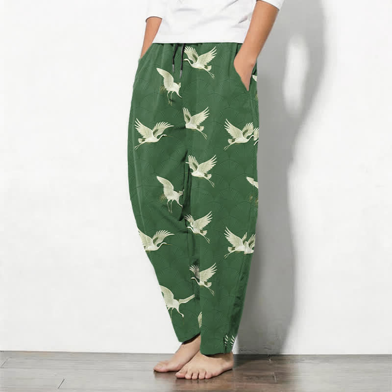 Buddha Stones Pantalones de hombre de algodón puro con estampado de grullas blancas, cordón ajustable y corte cónico con bolsillos. - image 12