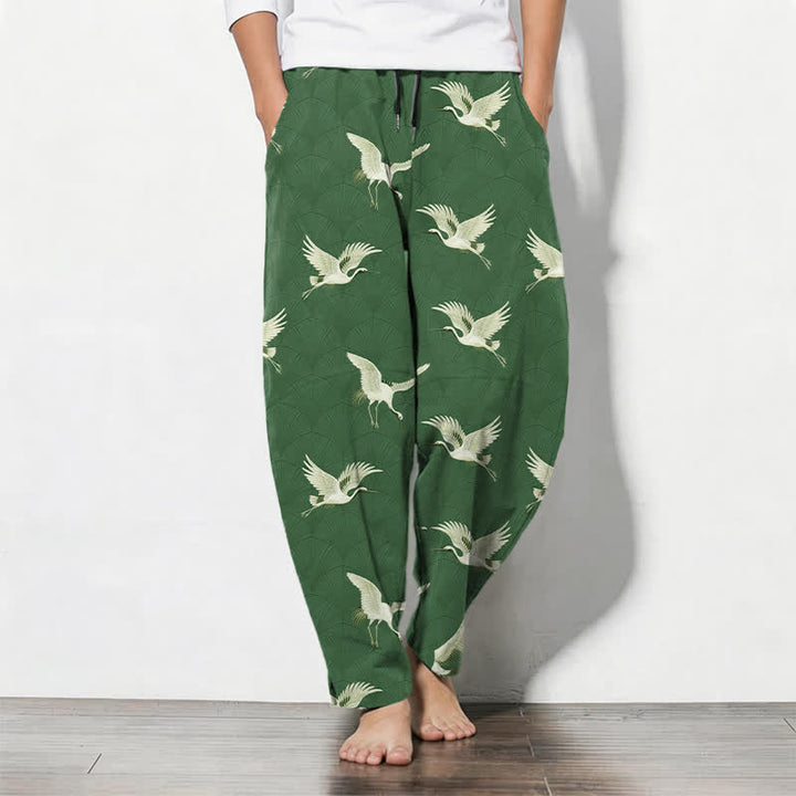 Buddha Stones Pantalones de hombre de algodón puro con estampado de grullas blancas, cordón ajustable y corte cónico con bolsillos. - Verde bosque - US/UK/AU50, EU60 (5XL) - image 11