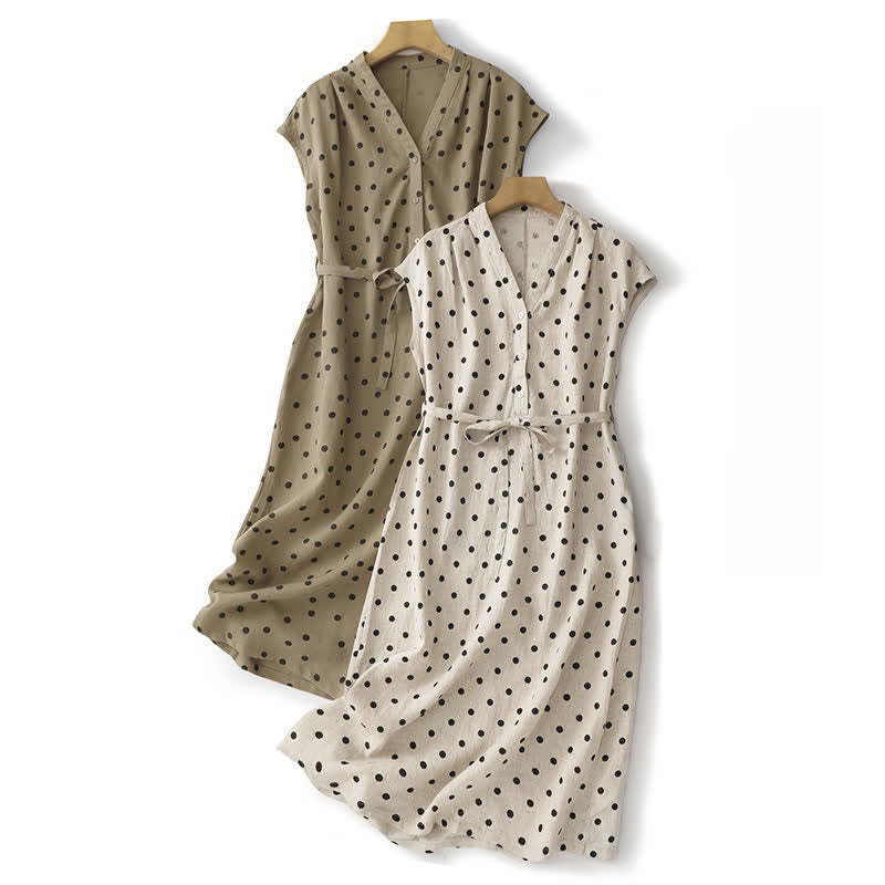 Vestido midi de verano de algodón y lino con cuello en V, lunares y cordones para mujer, con bolsillos, de Buddha Stones - image 20