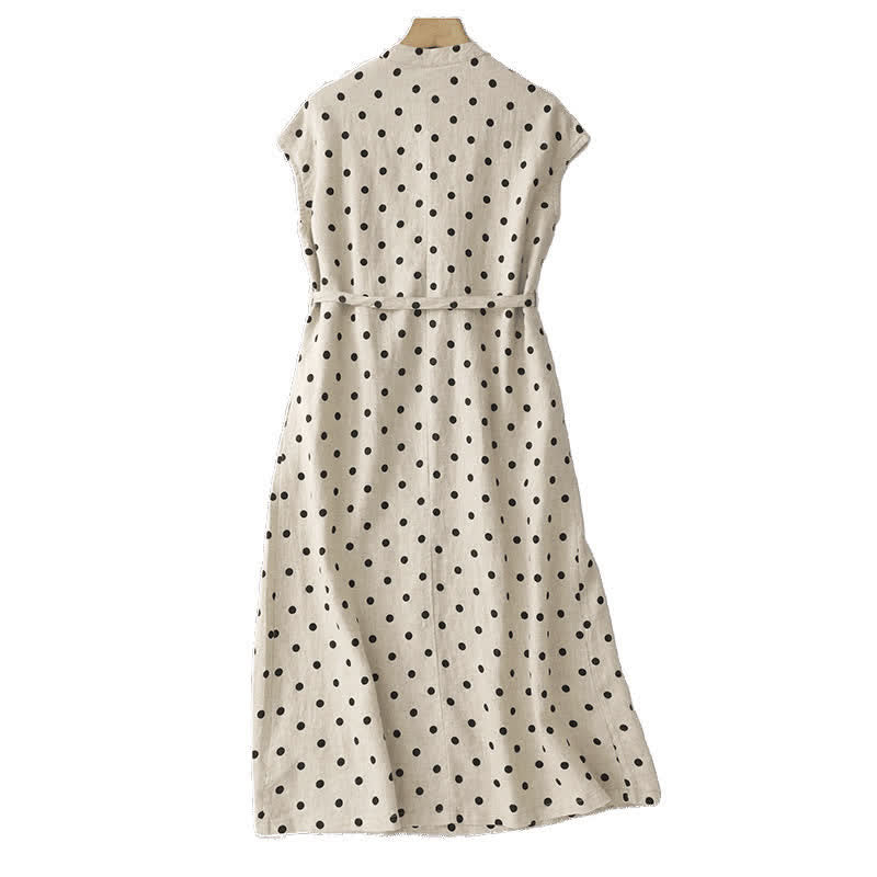 Vestido midi de verano de algodón y lino con cuello en V, lunares y cordones para mujer, con bolsillos, de Buddha Stones - image 9