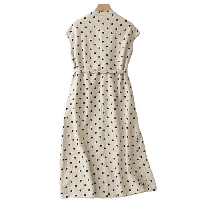 Vestido midi de verano de algodón y lino con cuello en V, lunares y cordones para mujer, con bolsillos, de Buddha Stones - image 9