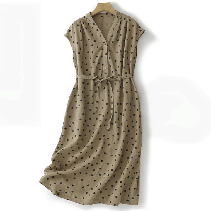 Vestido midi de verano de algodón y lino con cuello en V, lunares y cordones para mujer, con bolsillos, de Buddha Stones - Broncearse - US14，UK/AU18，EU46 (2XL) - image 0