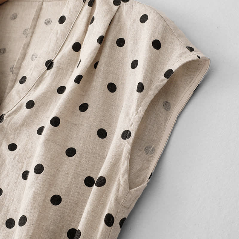 Vestido de mujer de verano con estampado de lunares, escote en V, cordones y largo hasta la rodilla con bolsillos, de Buddha Stones. - image 13