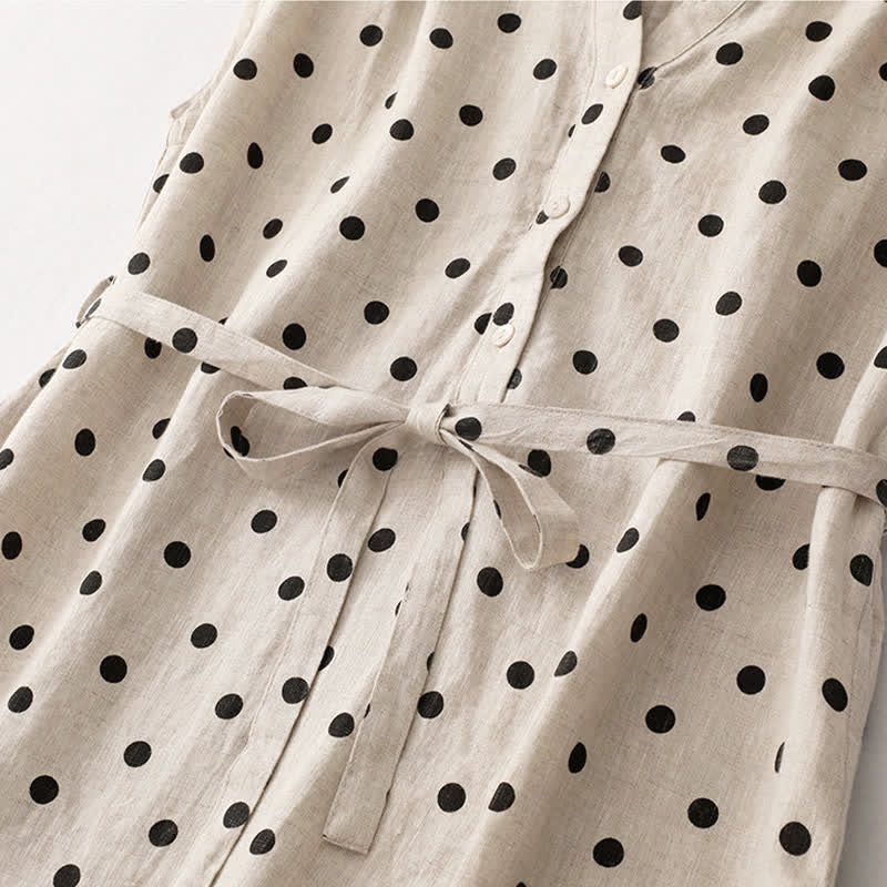 Vestido midi de verano de algodón y lino con cuello en V, lunares y cordones para mujer, con bolsillos, de Buddha Stones - image 15